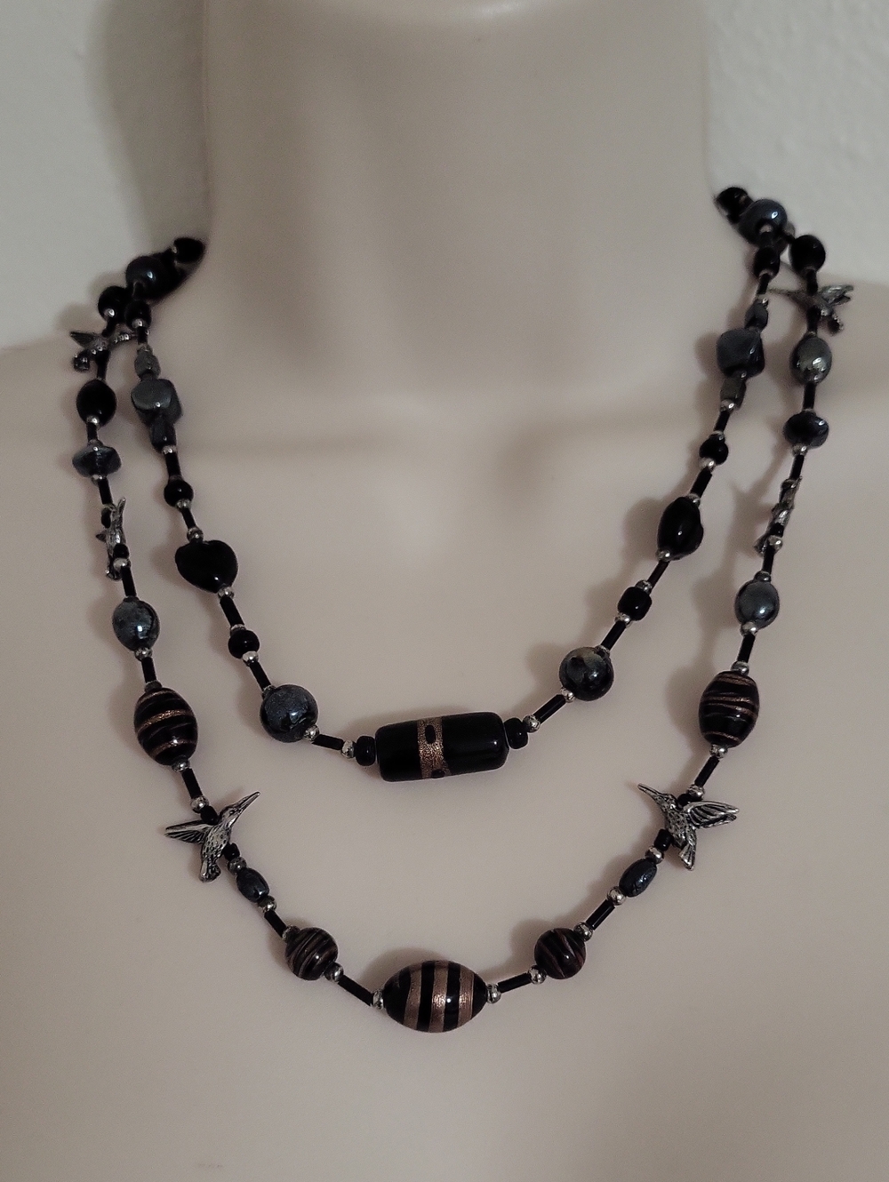 Double Strand  Hematite, Black Agate, Silver Hummingbird Necklace